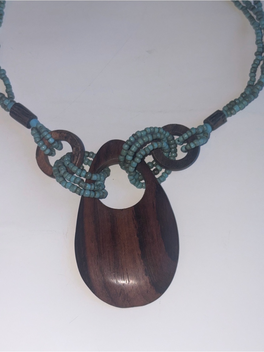 Y2k Boho Blue Beaded Multi Strand Necklace Large Wood Pendant Statement Jewelry